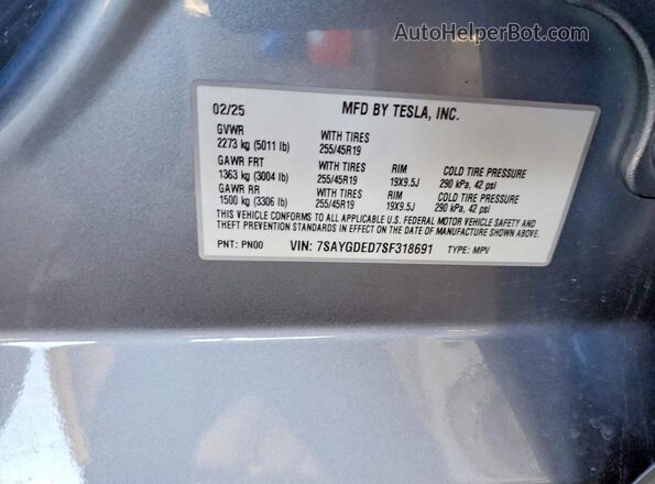 7SAYGDED7SF318691 2025 TESLA MODEL Gray Vista del compartimento del motor