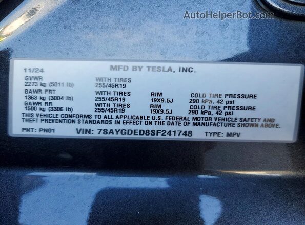 7SAYGDED8SF241748 2025 TESLA MODEL Black VIN sticker view
