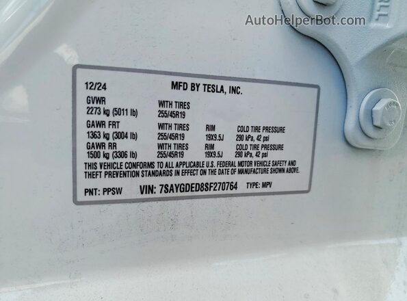 7SAYGDED8SF270764 2025 TESLA MODEL White Widok naklejki z numerem VIN