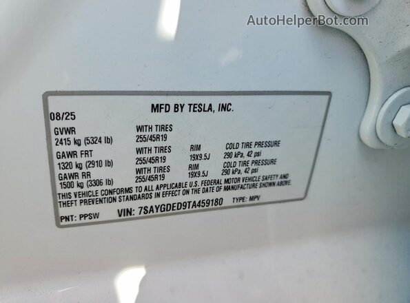 7SAYGDED9TA459180 2026 TESLA MODEL White VIN sticker view