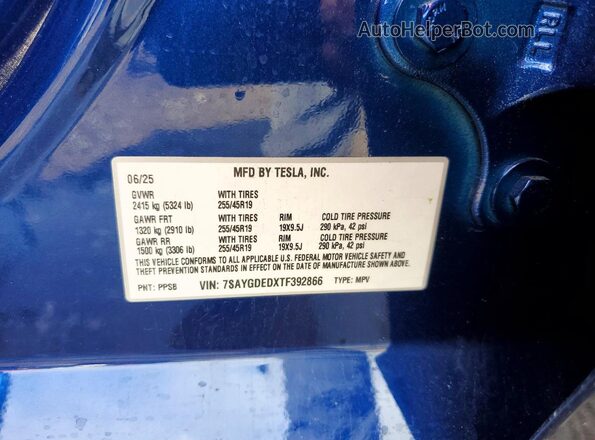 7SAYGDEDXTF392866 2026 TESLA MODEL Синий Панорамный вид салона 360°