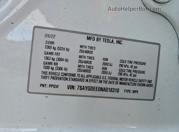 7SAYGDEE0NA018310 2022 TESLA MODEL White ძრავის განყოფილების ხედი