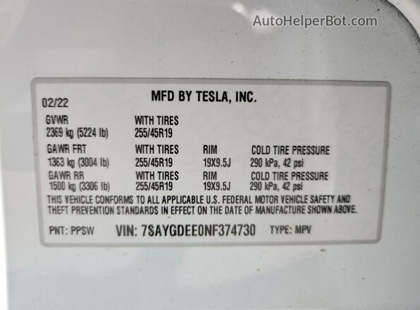 7SAYGDEE0NF374730 2022 TESLA MODEL White Սալոնի 360 աստիճան տեսք