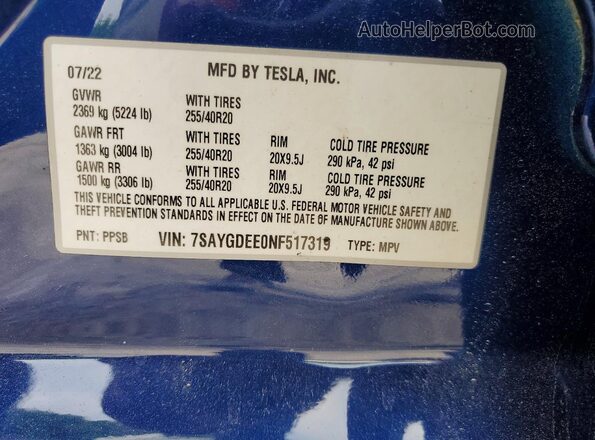 7SAYGDEE0NF517319 2022 TESLA MODEL Blue ძრავის განყოფილების ხედი