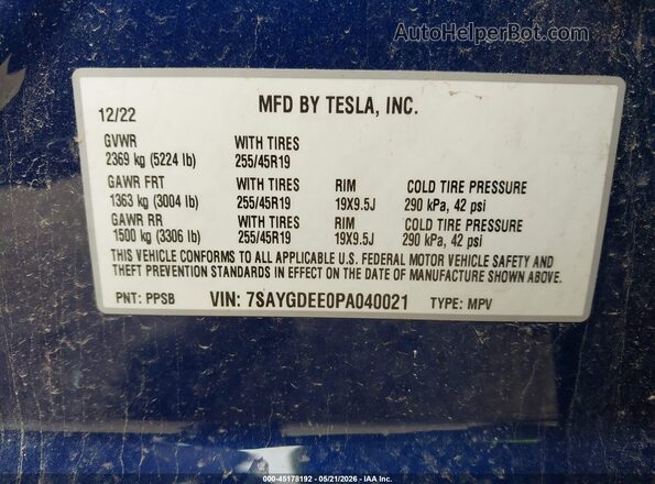 7SAYGDEE0PA040021 2023 TESLA MODEL Y Blue Շարժիչի բաժամունքի տեսք