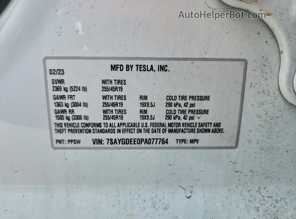 7SAYGDEE0PA077764 2023 TESLA MODEL White სალონის 360-გრადუსიანი ხედი
