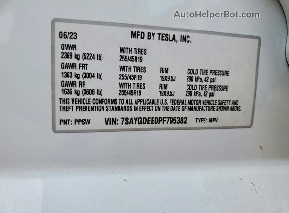 7SAYGDEE0PF795382 2023 TESLA MODEL White ძრავის განყოფილების ხედი