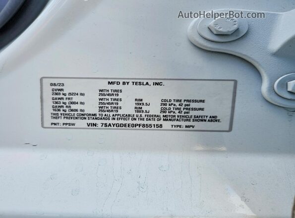 7SAYGDEE0PF855158 2023 TESLA MODEL White Vista de la etiqueta del VIN