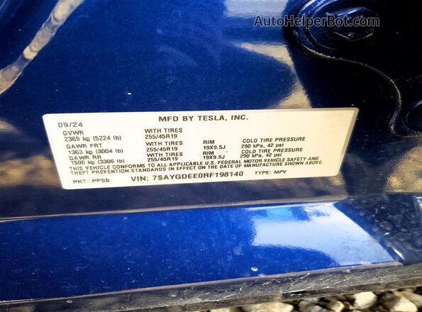 7SAYGDEE0RF198140 2024 TESLA MODEL Blue Vista de la etiqueta del VIN