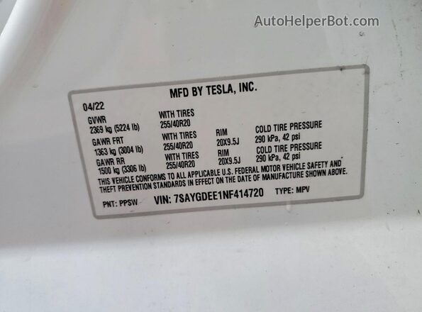 7SAYGDEE1NF414720 2022 TESLA MODEL White Вид підкапотного простору