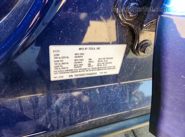 7SAYGDEE1PA080284 2023 TESLA MODEL Blue Vista de la etiqueta del VIN