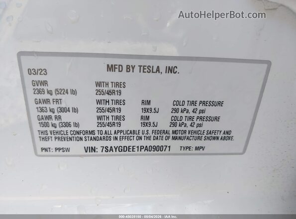 7SAYGDEE1PA090071 2023 TESLA MODEL Y White Շարժիչի բաժամունքի տեսք