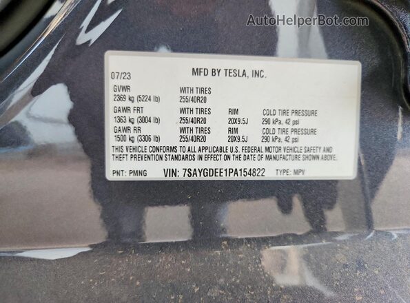 7SAYGDEE1PA154822 2023 TESLA MODEL Серый Вид наклейки с VIN-кодом