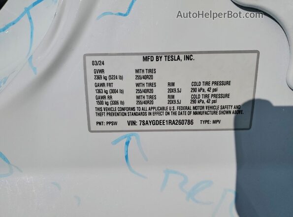 7SAYGDEE1RA260786 2024 TESLA MODEL White Vista interior de 360 grados