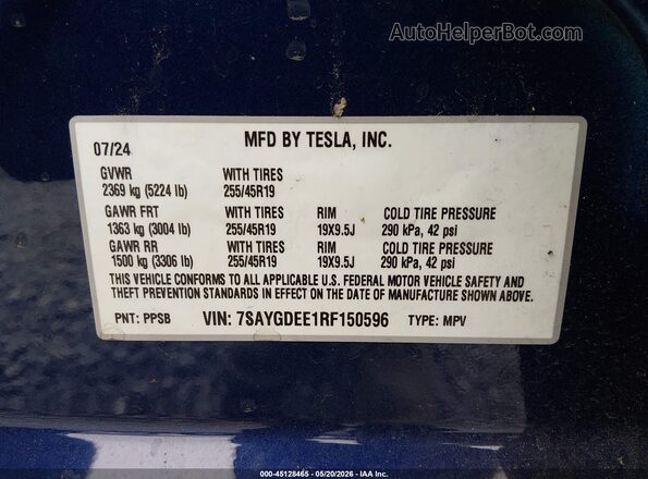 7SAYGDEE1RF150596 2024 TESLA MODEL Y Blue Vista del compartimento del motor