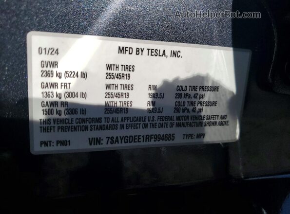 7SAYGDEE1RF994685 2024 TESLA MODEL Gray Widok naklejki z numerem VIN