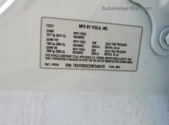 7SAYGDEE2NF348470 2022 TESLA MODEL White Սալոնի 360 աստիճան տեսք