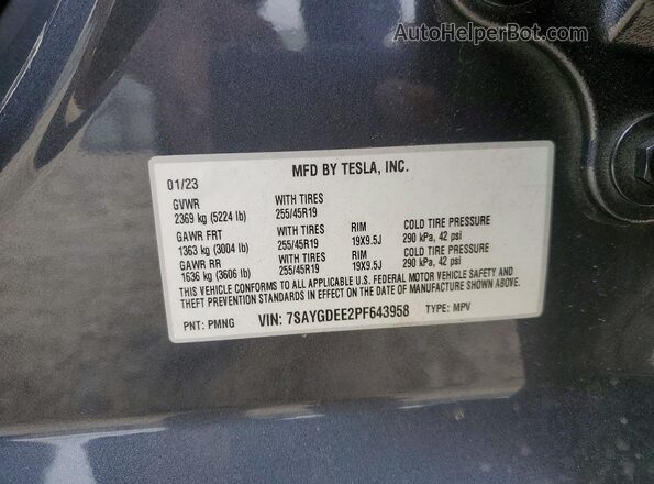7SAYGDEE2PF643958 2023 TESLA MODEL Gray Вид наклейки з VIN-кодом