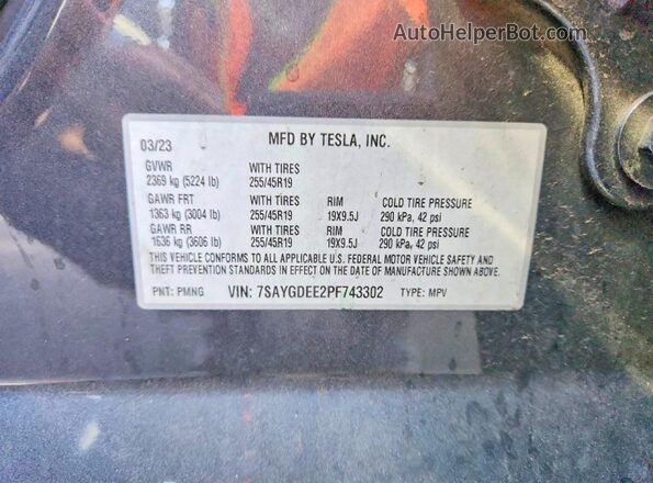 7SAYGDEE2PF743302 2023 TESLA MODEL Gray VIN sticker view