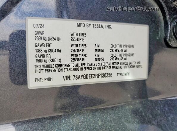 7SAYGDEE2RF130356 2024 TESLA MODEL Charcoal Vista de la etiqueta del VIN