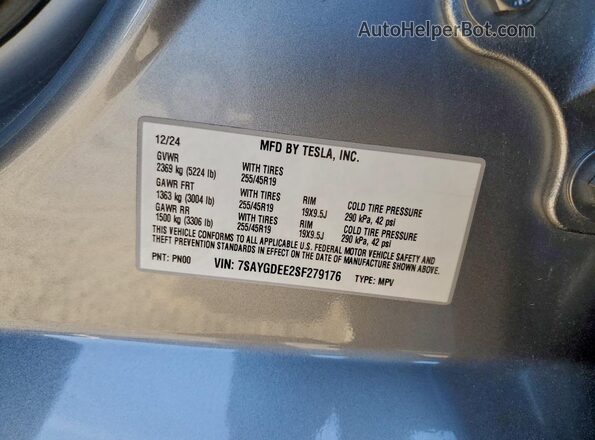7SAYGDEE2SF279176 2025 TESLA MODEL Серый Панорамный вид салона 360°
