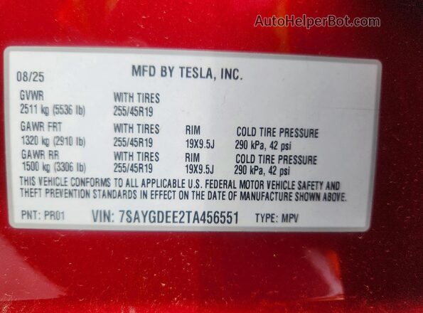 7SAYGDEE2TA456551 2026 TESLA MODEL Red VIN sticker view