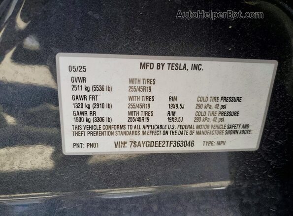 7SAYGDEE2TF363046 2026 TESLA MODEL Charcoal VIN sticker view