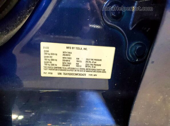 7SAYGDEE3NF363429 2022 TESLA MODEL Синий Вид подкапотного пространства