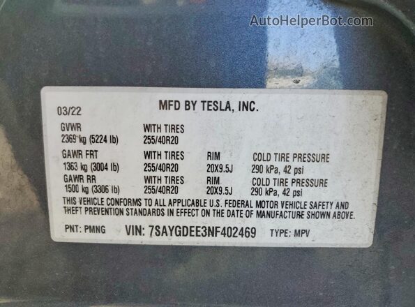 7SAYGDEE3NF402469 2022 TESLA MODEL Gray Vista del compartimento del motor