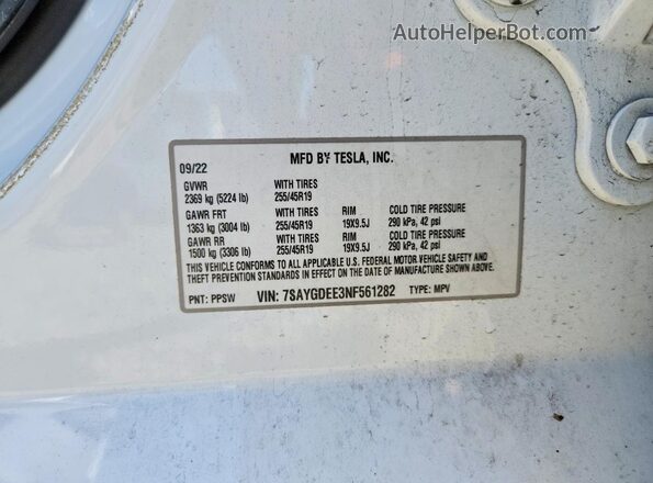 7SAYGDEE3NF561282 2022 TESLA MODEL White VIN sticker view