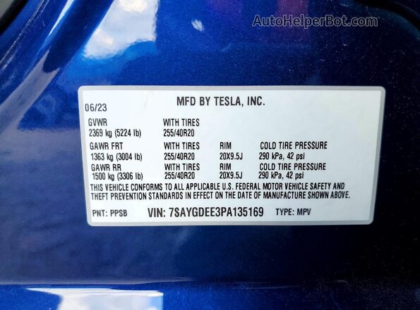 7SAYGDEE3PA135169 2023 TESLA MODEL Синий Вид наклейки с VIN-кодом