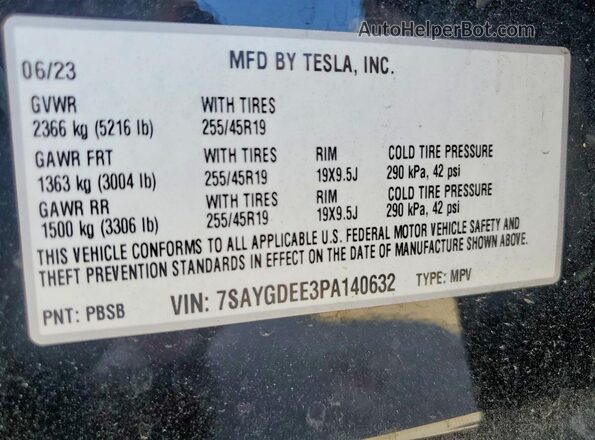 7SAYGDEE3PA140632 2023 TESLA MODEL Black Widok naklejki z numerem VIN