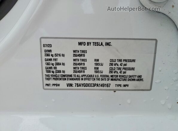7SAYGDEE3PA149167 2023 TESLA MODEL White 360 interior view