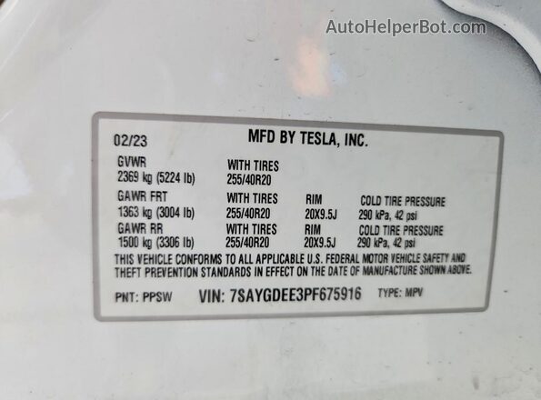 7SAYGDEE3PF675916 2023 TESLA MODEL White Vista interior de 360 grados