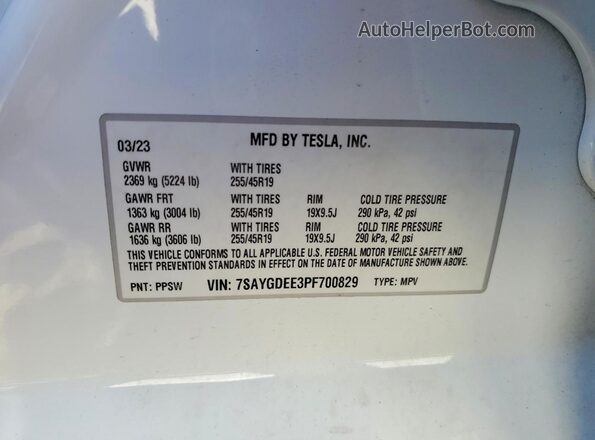 7SAYGDEE3PF700829 2023 TESLA MODEL White VIN կոդի պիտակի տեսք
