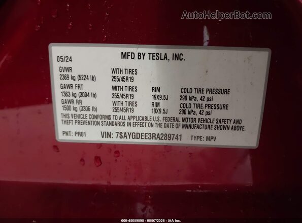 7SAYGDEE3RA289741 2024 TESLA MODEL Y Red Widok komory silnika