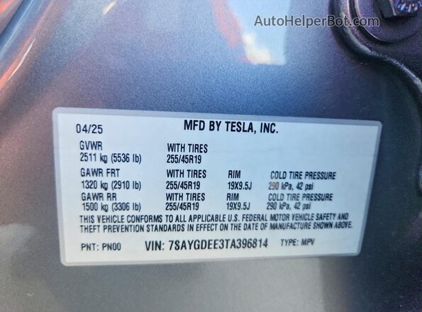 7SAYGDEE3TA396814 2026 TESLA MODEL Silver VIN კოდის სტიკერის ხედი