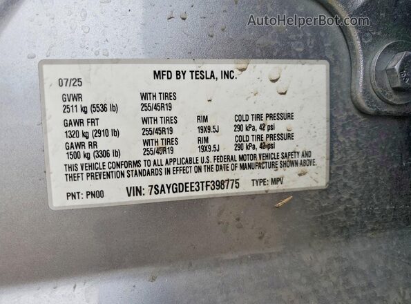 7SAYGDEE3TF398775 2026 TESLA MODEL Серый Вид наклейки с VIN-кодом