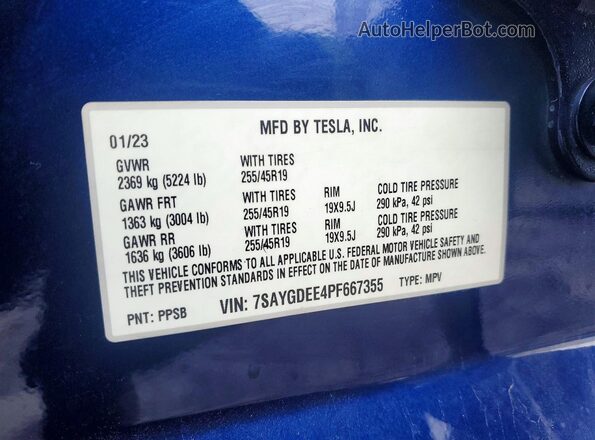 7SAYGDEE4PF667355 2023 TESLA MODEL Blue Вид наклейки з VIN-кодом