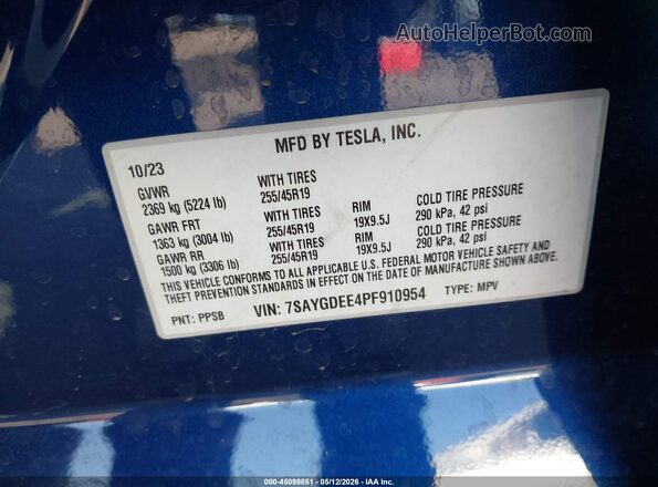 7SAYGDEE4PF910954 2023 TESLA MODEL Y Blue Widok komory silnika