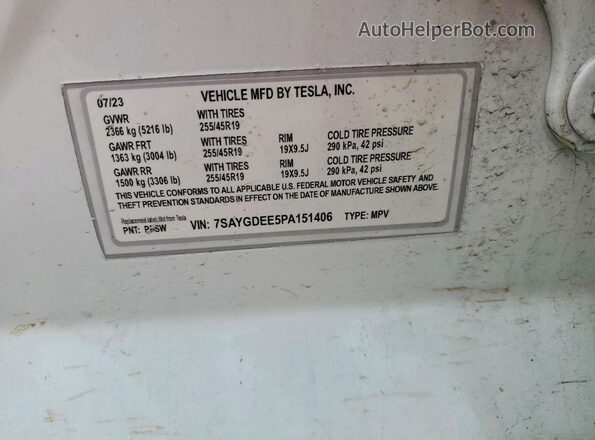 7SAYGDEE5PA151406 2023 TESLA MODEL White VIN sticker view