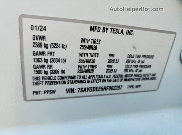 7SAYGDEE5RF002287 2024 TESLA MODEL Белый Вид наклейки с VIN-кодом