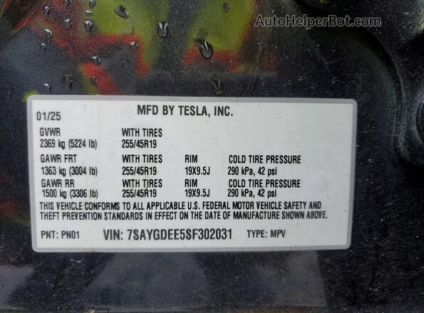 7SAYGDEE5SF302031 2025 TESLA MODEL Черный Вид наклейки с VIN-кодом