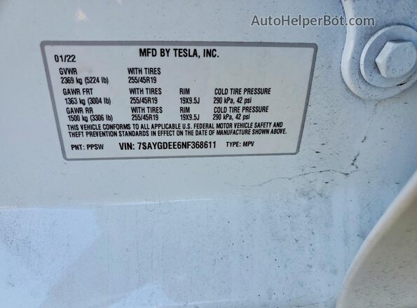 7SAYGDEE6NF368611 2022 TESLA MODEL White Vista de la etiqueta del VIN