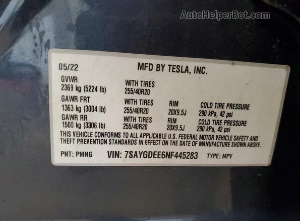 7SAYGDEE6NF445283 2022 TESLA MODEL Gray Вид наклейки з VIN-кодом