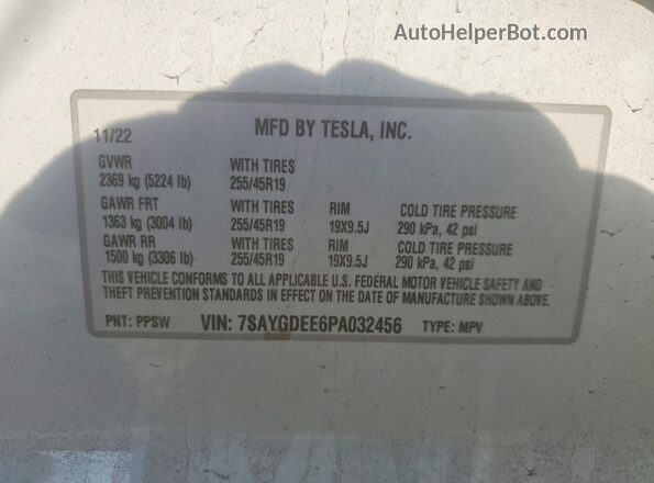 7SAYGDEE6PA032456 2023 TESLA MODEL Y Белый Панорамный вид салона 360°