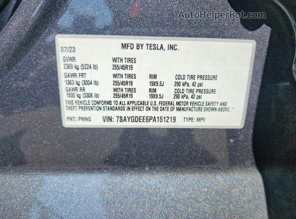 7SAYGDEE6PA151219 2023 TESLA MODEL Gray VIN sticker view