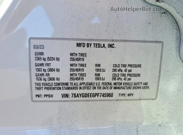 7SAYGDEE6PF745960 2023 TESLA MODEL White VIN կոդի պիտակի տեսք