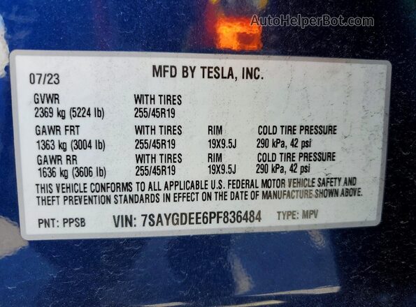 7SAYGDEE6PF836484 2023 TESLA MODEL Blue Engine compartment view