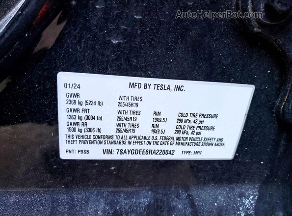 7SAYGDEE6RA220042 2024 TESLA MODEL Черный Вид наклейки с VIN-кодом